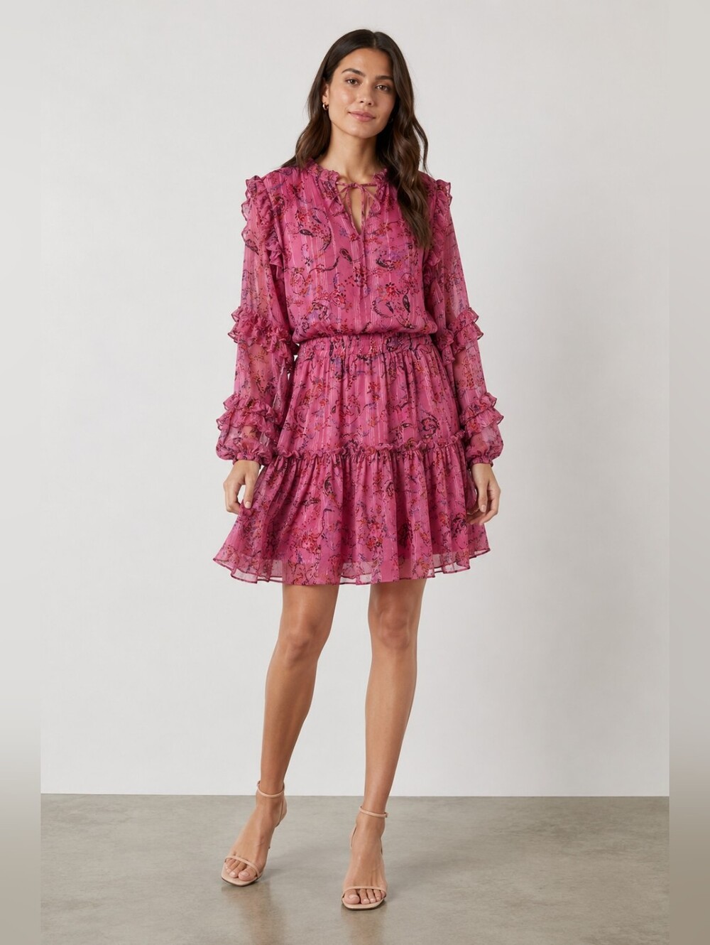 En Saison Berry Pink Floral Ruffle Tiered Mini Dress Lg